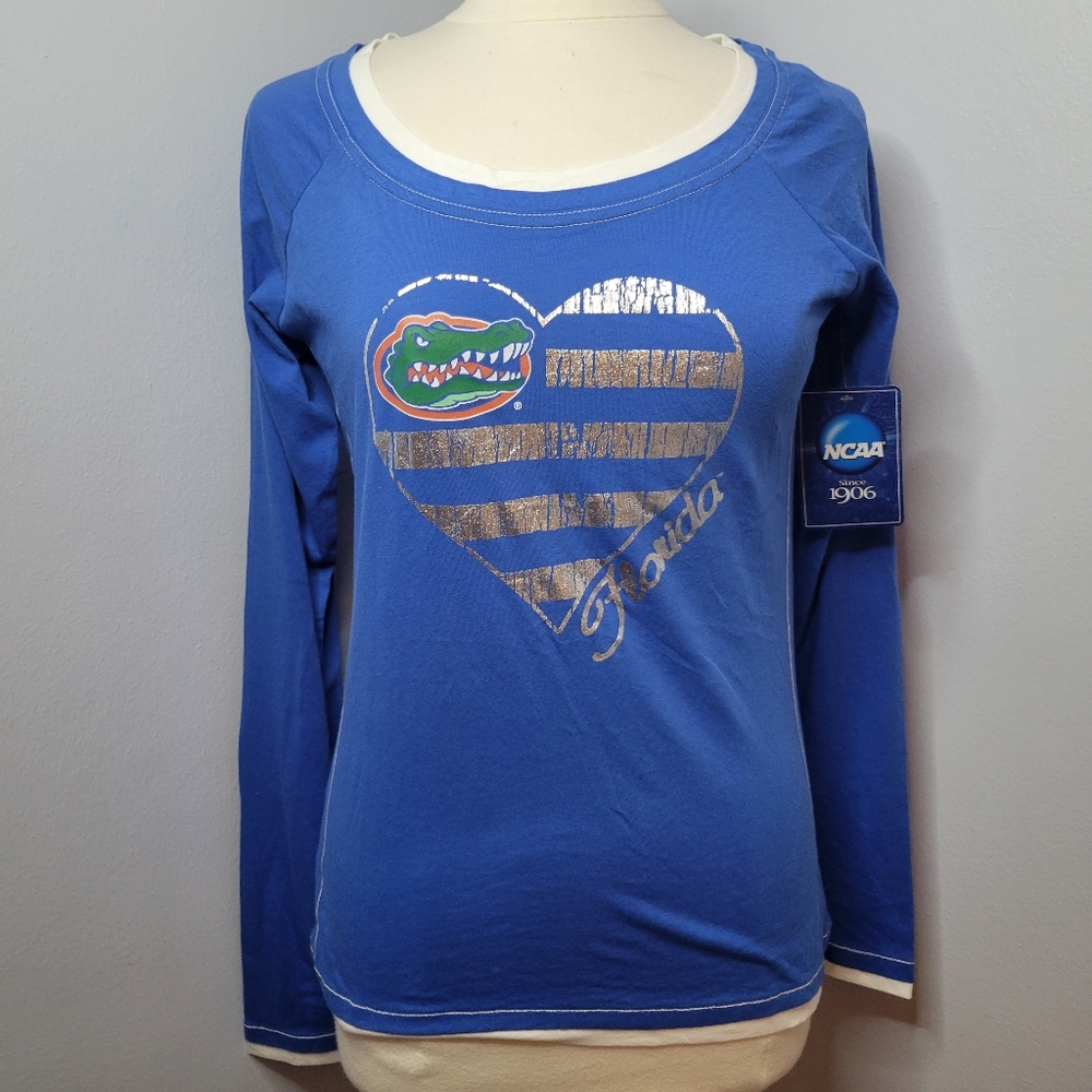 NWT Florida Gators Women's Medium Blue L/S T-Shirt Silver Heart Football NCAA